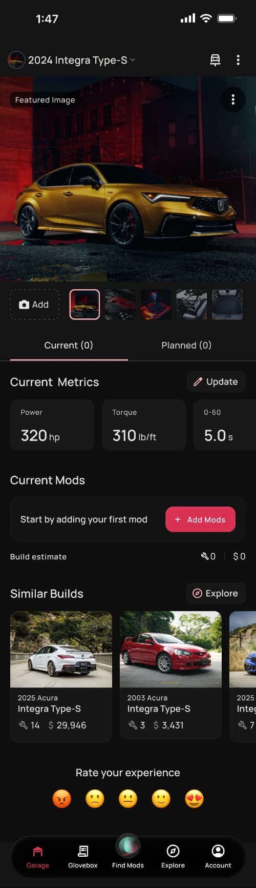 MotorMia app showing a 2024 Integra Type-S vehicle profile with metrics and similar builds